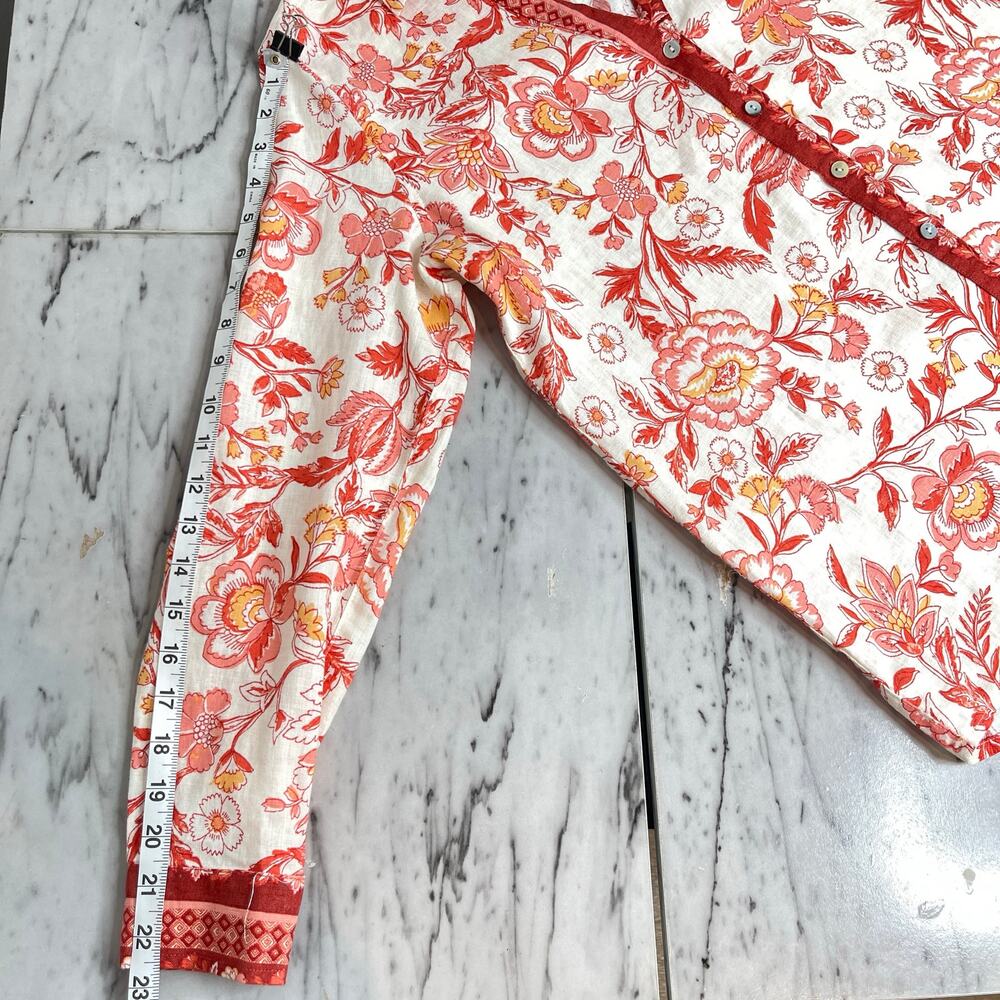 Rachel Zoe 100% Linen Floral Button Front Boho Shirt Top Small Red Salmon Coral - Picture 9 of 11